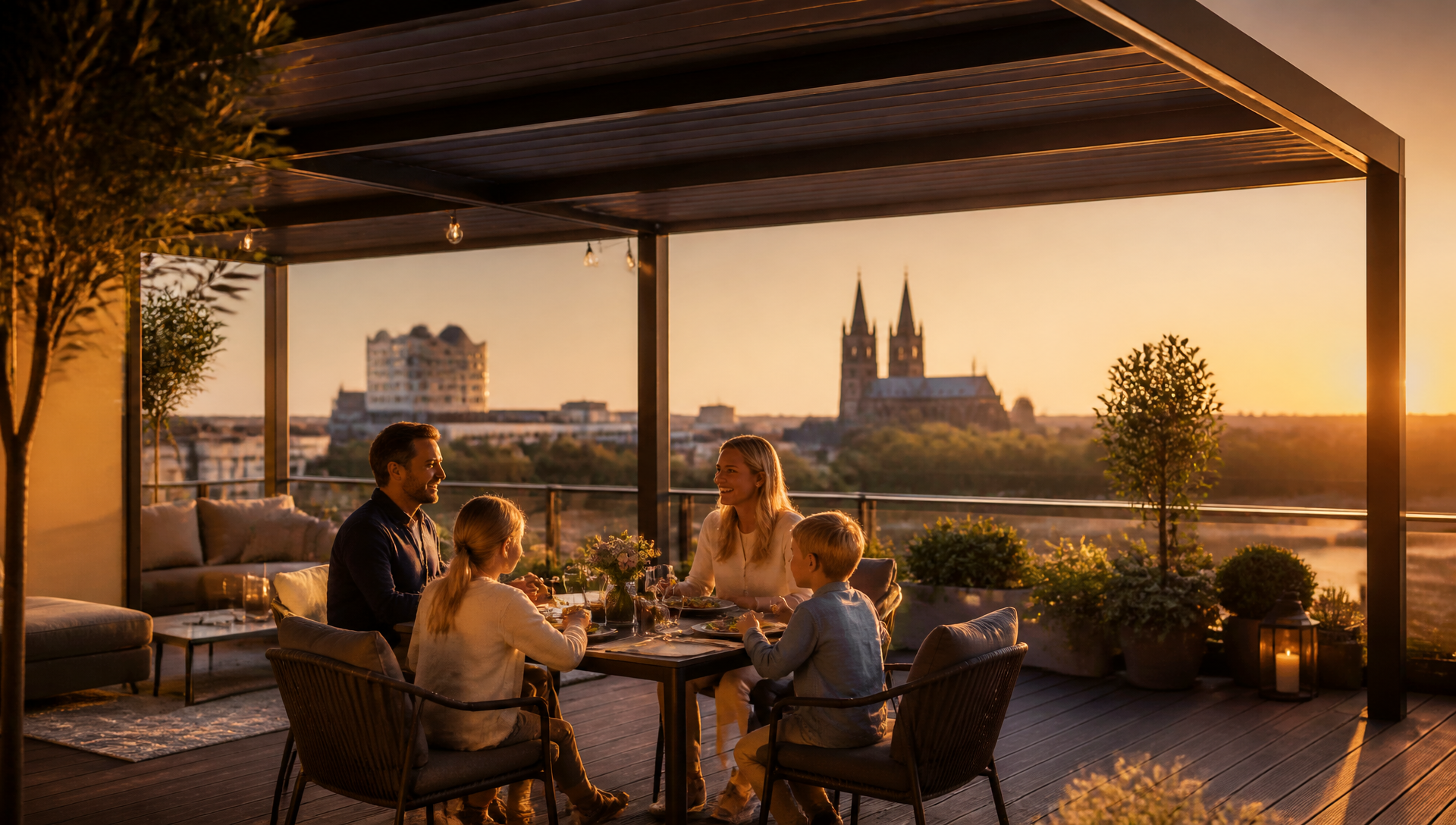 Familie genießt den Abend unter einer modernen Terrassenüberdachung mit Magdeburg im Hintergrund
